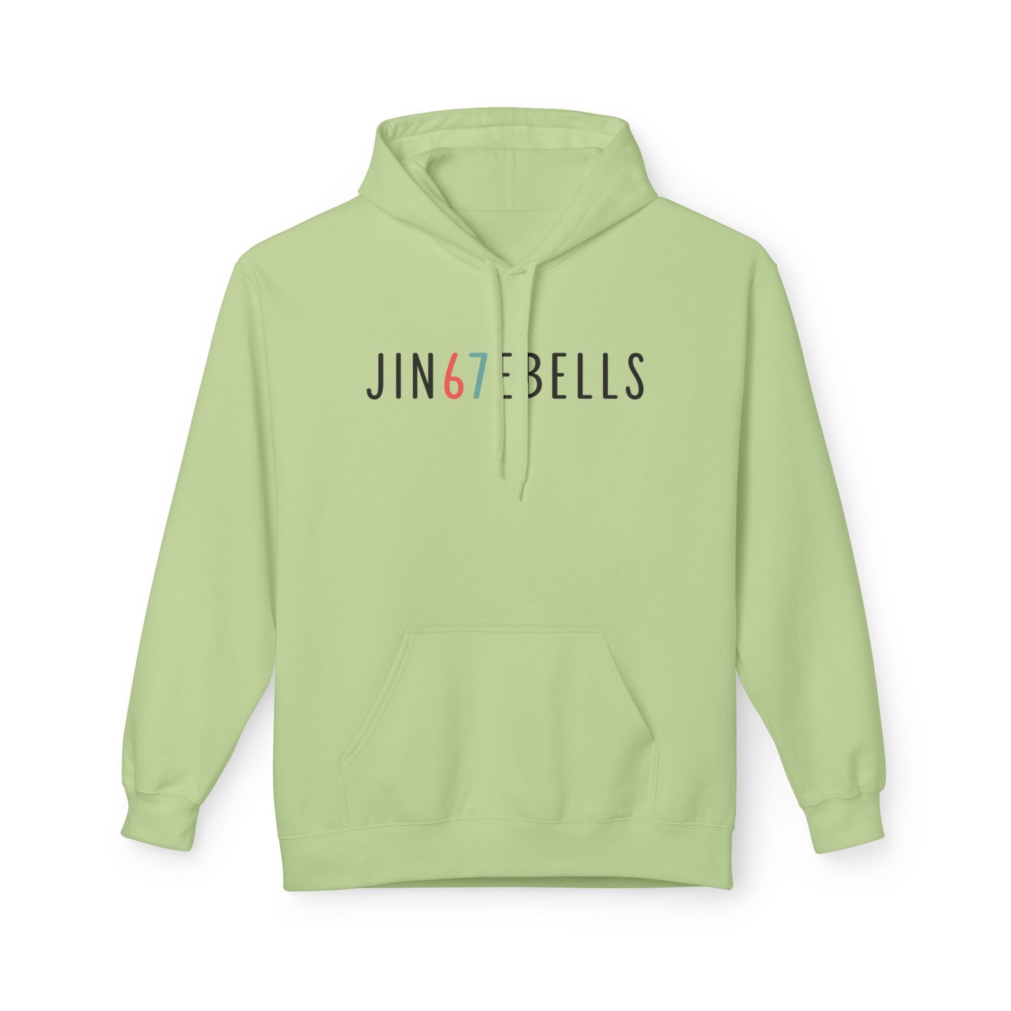 Light green hoodie with 'JING67BELLS' text on a white background