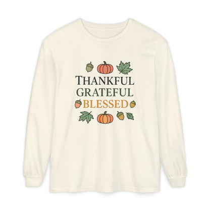 Thankful Grateful Blessed Long Sleeve T-Shirt | Autumn Fashion, Harvest Wear, Thanksgiving Gift, Fall Style, Cozy Apparel - The Bougie Pumpkin Boutique