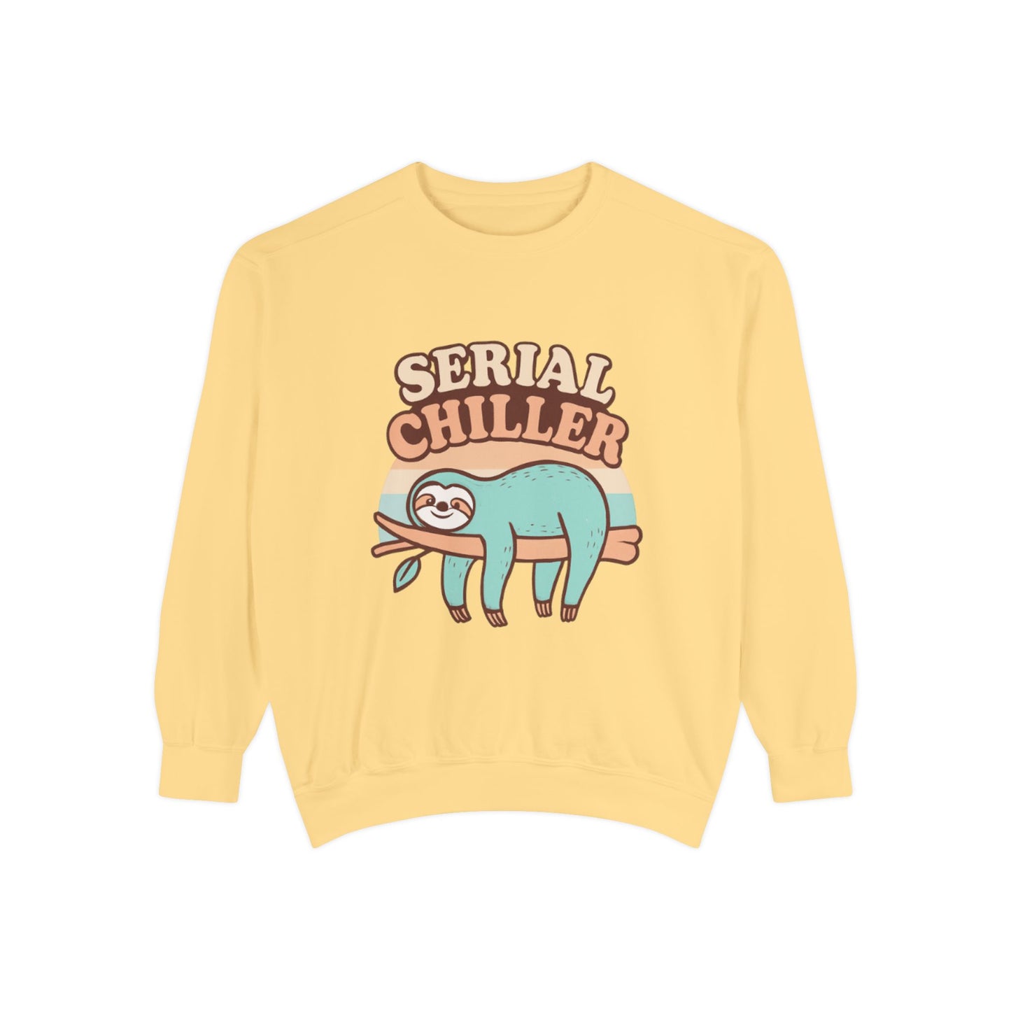 Yellow sweatshirt with a sloth graphic and 'Serial Chiller' text on a white background
