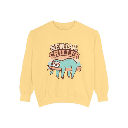 Yellow sweatshirt with a sloth graphic and 'Serial Chiller' text on a white background
