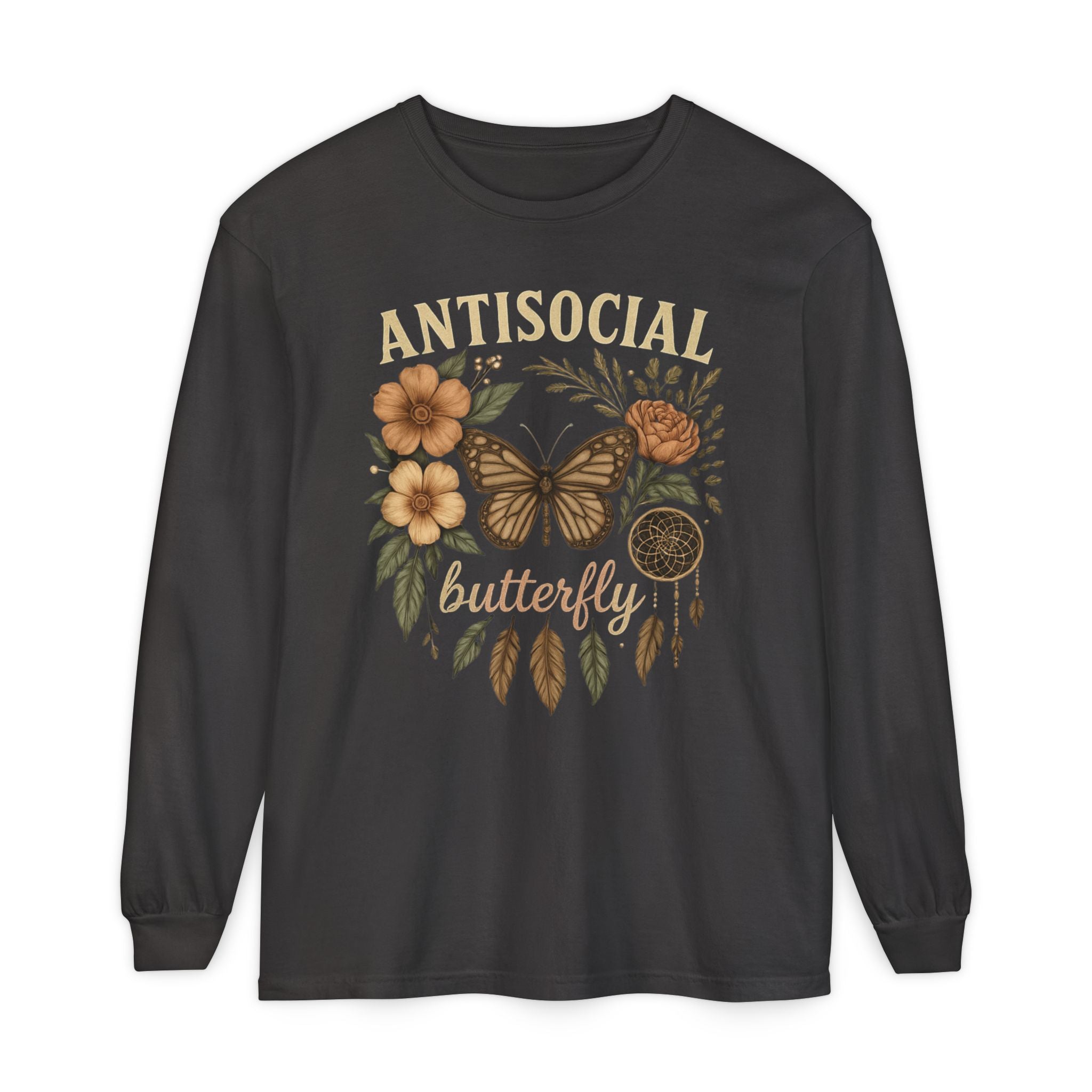 Antisocial Butterfly Long Sleeve Tee — Floral Vintage Butterfly Graphic Shirt