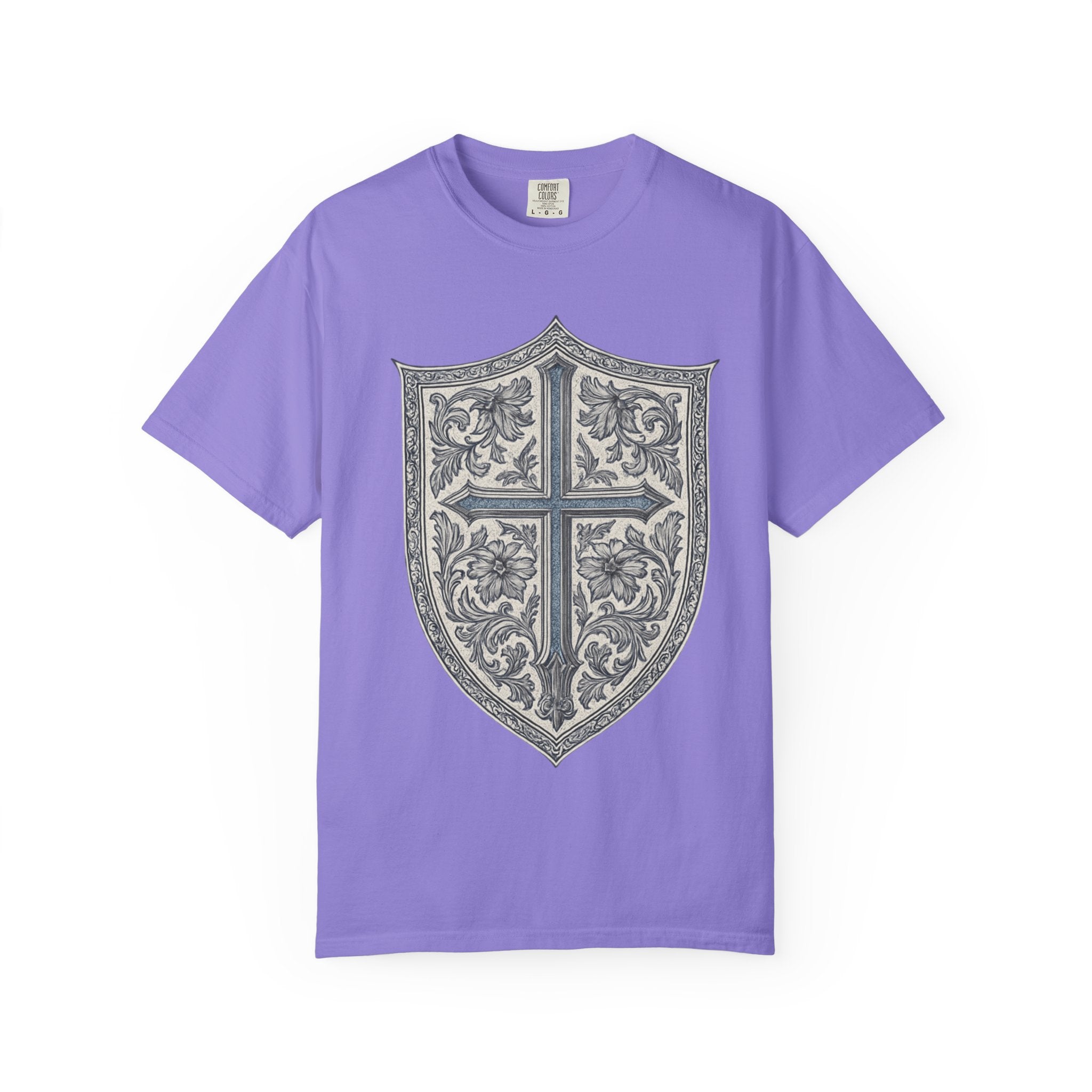 Shield Cross T-Shirt — Vintage Floral Heraldic Crest Christian Tee