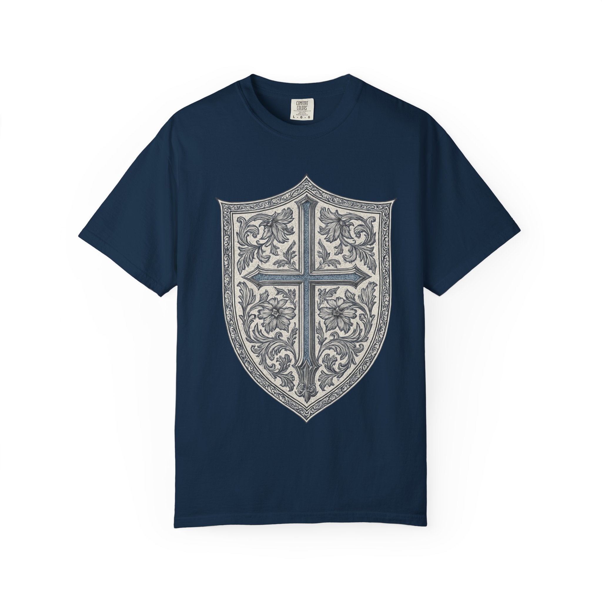 Shield Cross T-Shirt — Vintage Floral Heraldic Crest Christian Tee