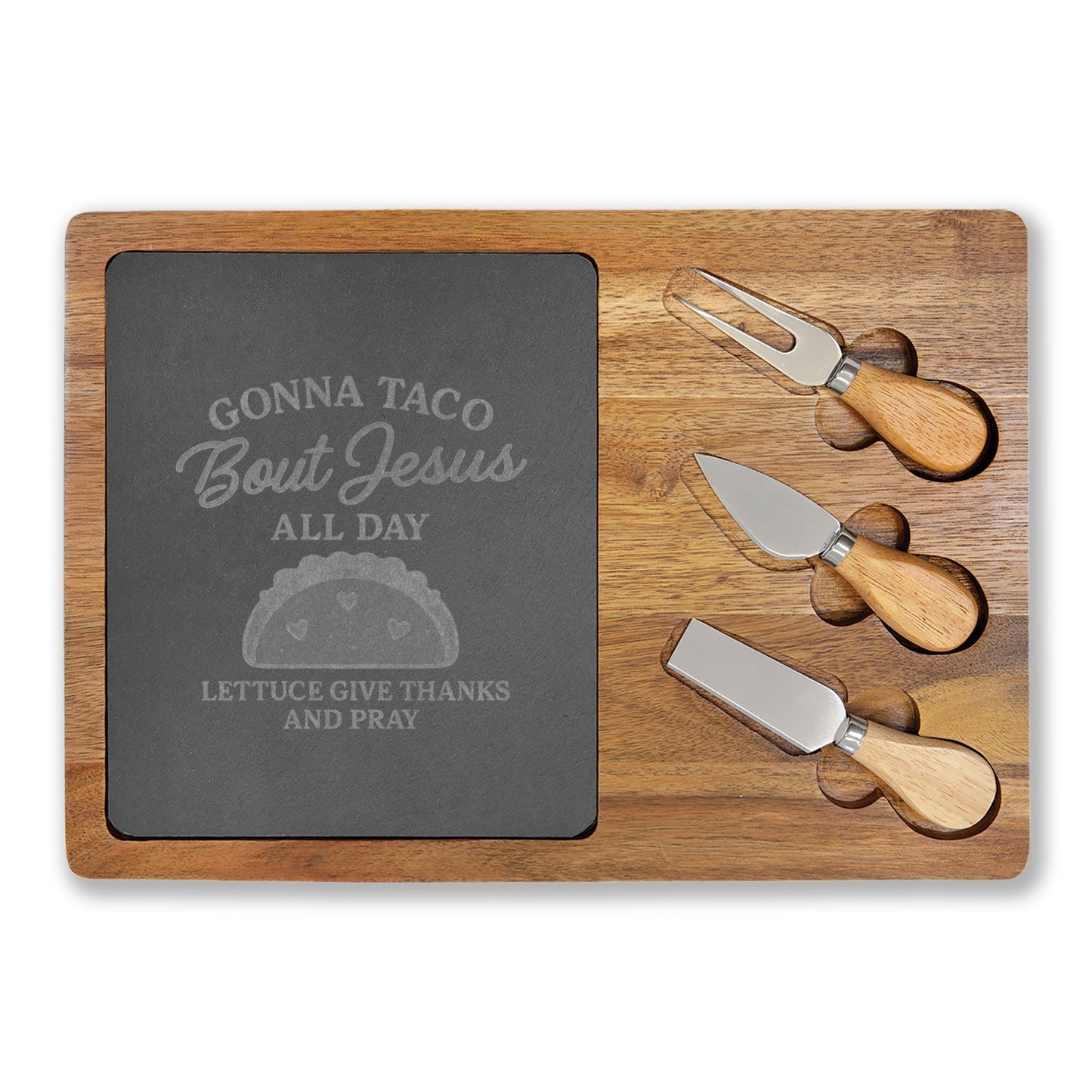 Engraved Charcuterie Board – Gonna Taco Bout Jesus All Day | Christian Kitchen Gift – The Bougie Pumpkin Boutique - The Bougie Pumpkin Boutique