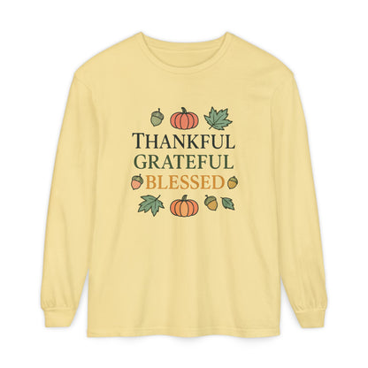 Thankful Grateful Blessed Long Sleeve T-Shirt | Autumn Fashion, Harvest Wear, Thanksgiving Gift, Fall Style, Cozy Apparel - The Bougie Pumpkin Boutique
