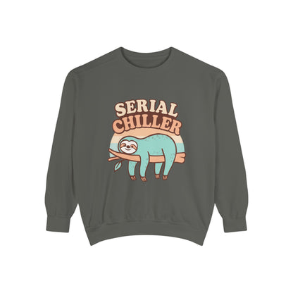 Gray sweatshirt with a sloth graphic and 'Serial Chiller' text on a white background