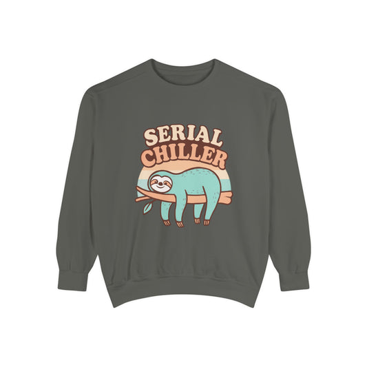 Gray sweatshirt with a sloth graphic and 'Serial Chiller' text on a white background