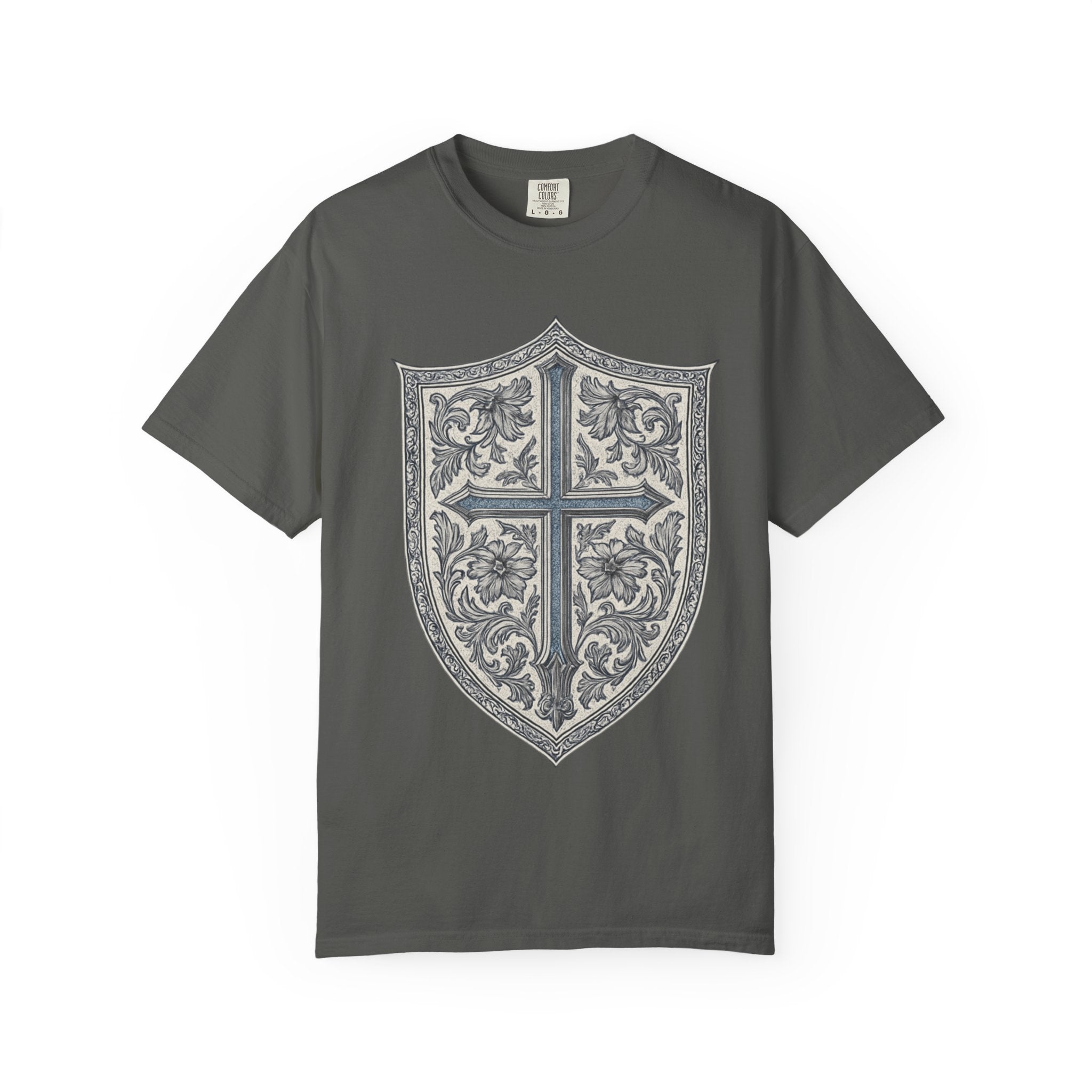 Shield Cross T-Shirt — Vintage Floral Heraldic Crest Christian Tee