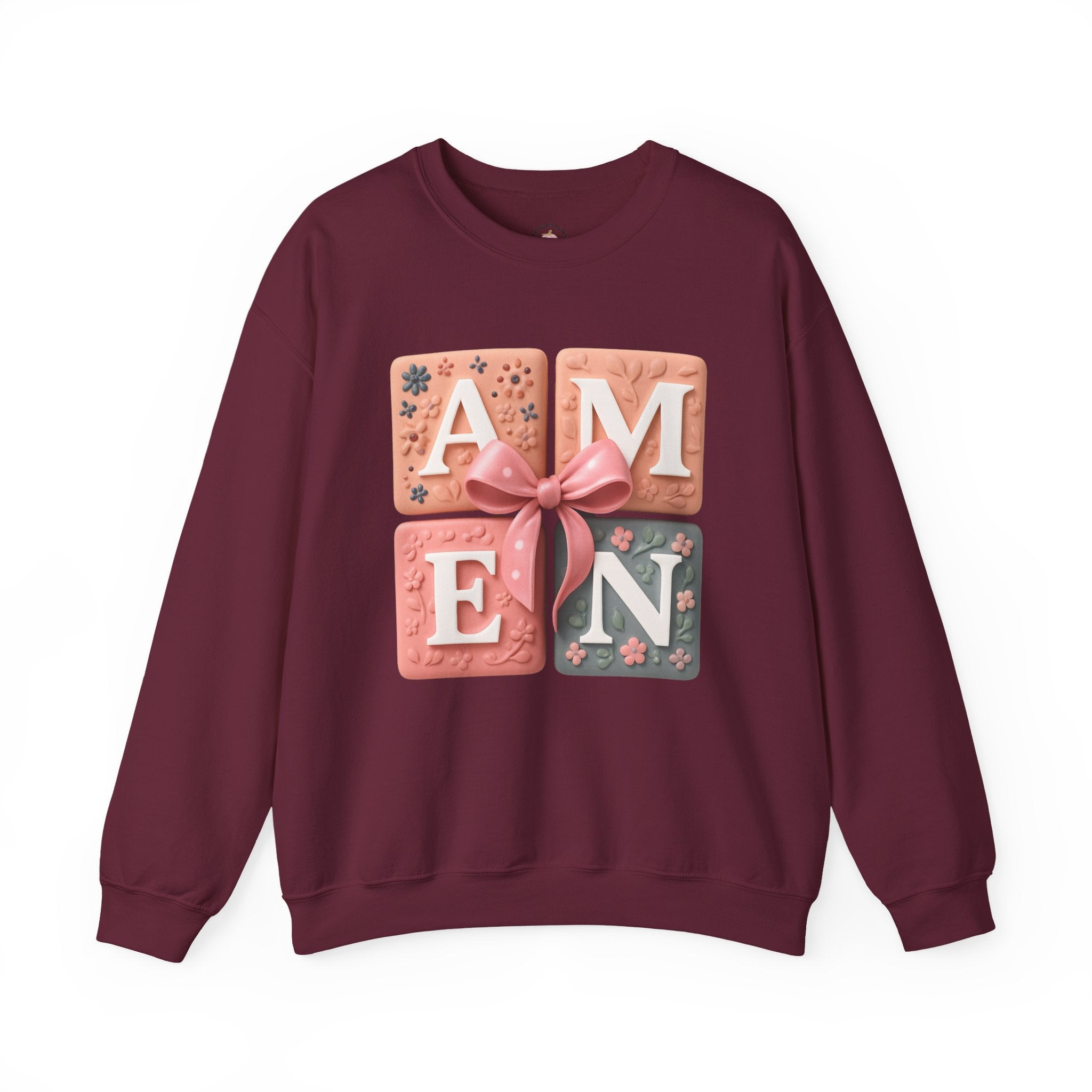 Amen Square Block Sweatshirt — Floral Ribbon Typography Crewneck