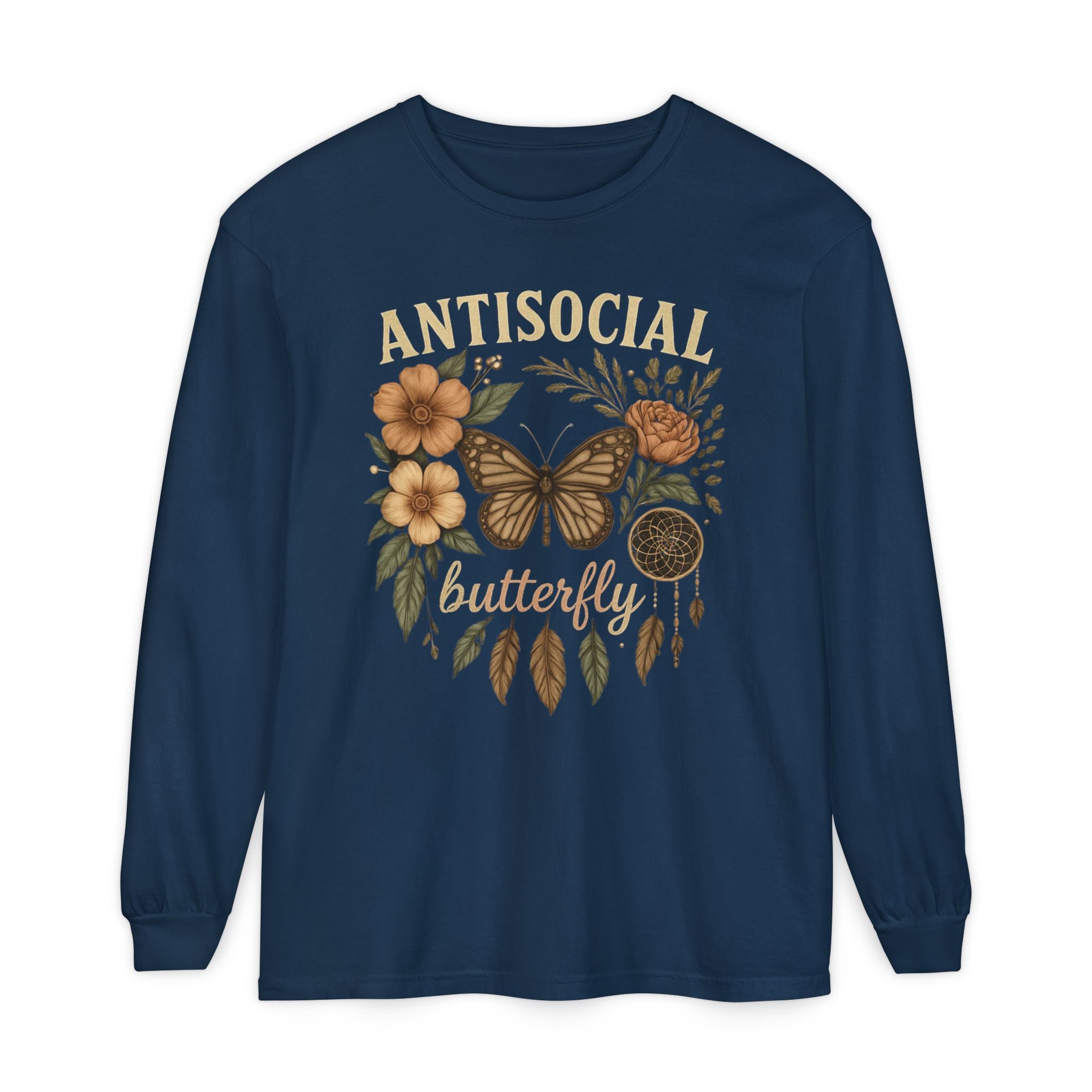 Antisocial Butterfly Long Sleeve Tee — Floral Vintage Butterfly Graphic Shirt