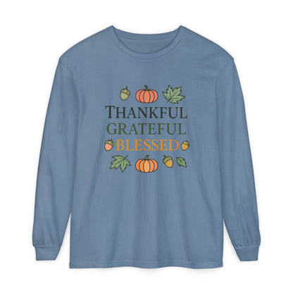 Thankful Grateful Blessed Long Sleeve T-Shirt | Autumn Fashion, Harvest Wear, Thanksgiving Gift, Fall Style, Cozy Apparel - The Bougie Pumpkin Boutique