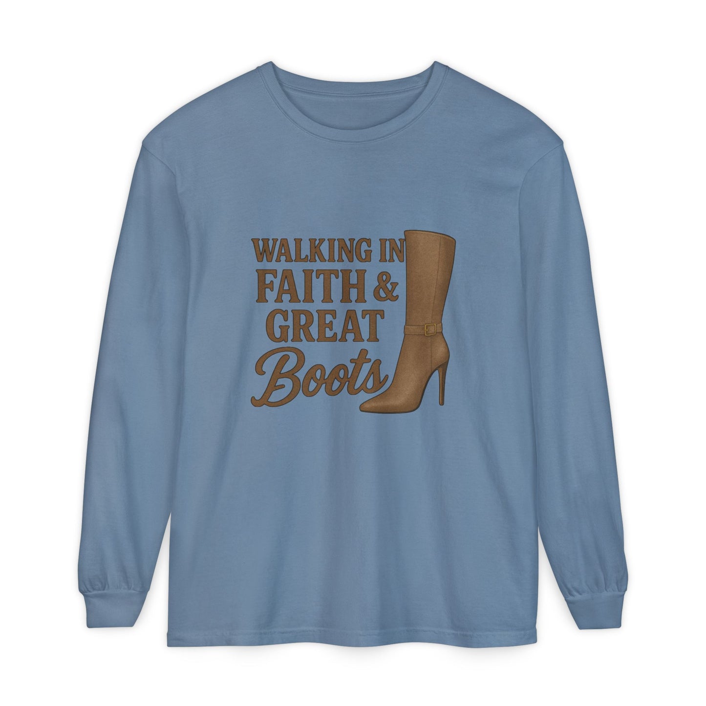 Long Sleeve Christian T-Shirt Walking in Faith & Great Boots - The Bougie Pumpkin Boutique