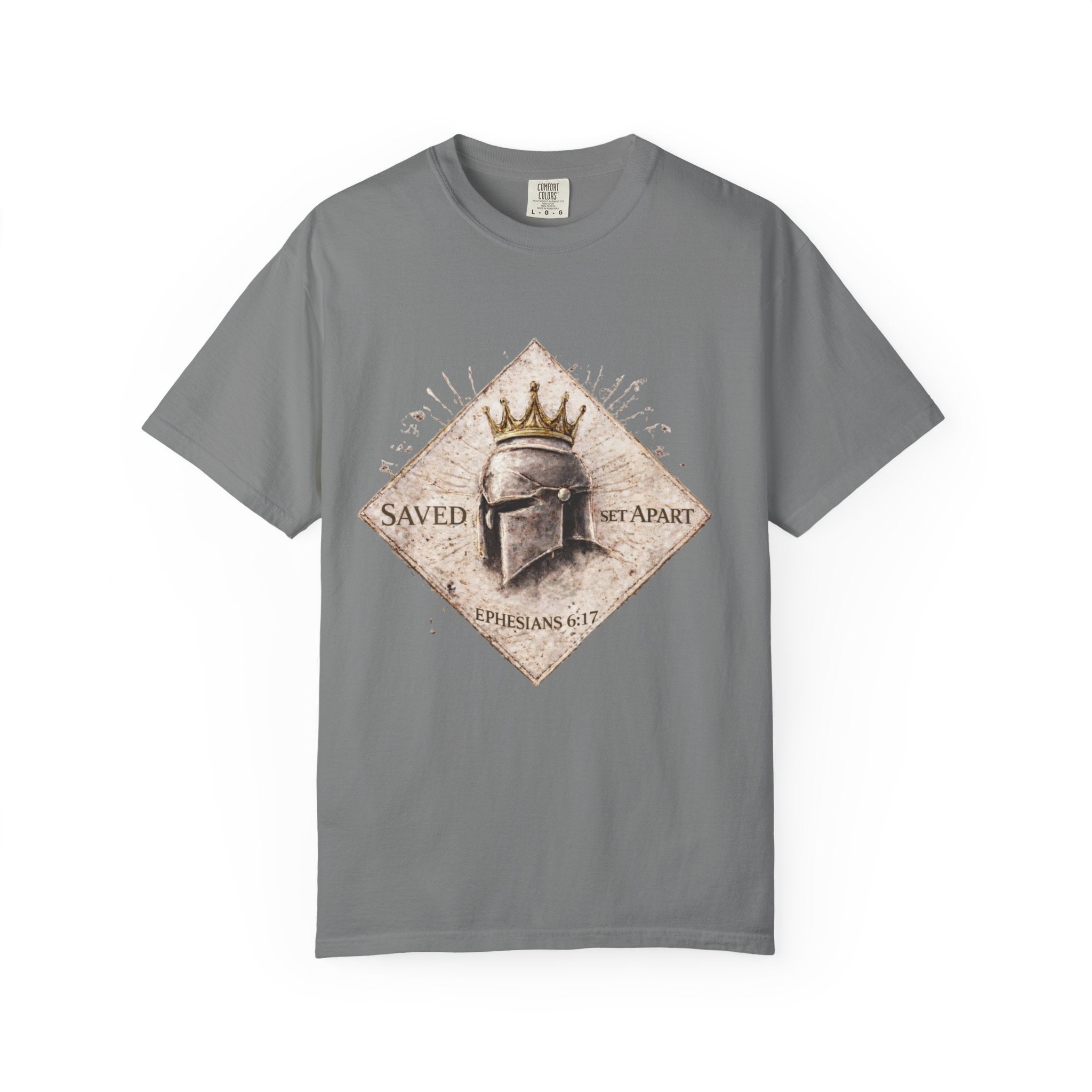 Christian Helmet T-Shirt — "Saved Not Apart" Ephesians 2:8 Faith Tee