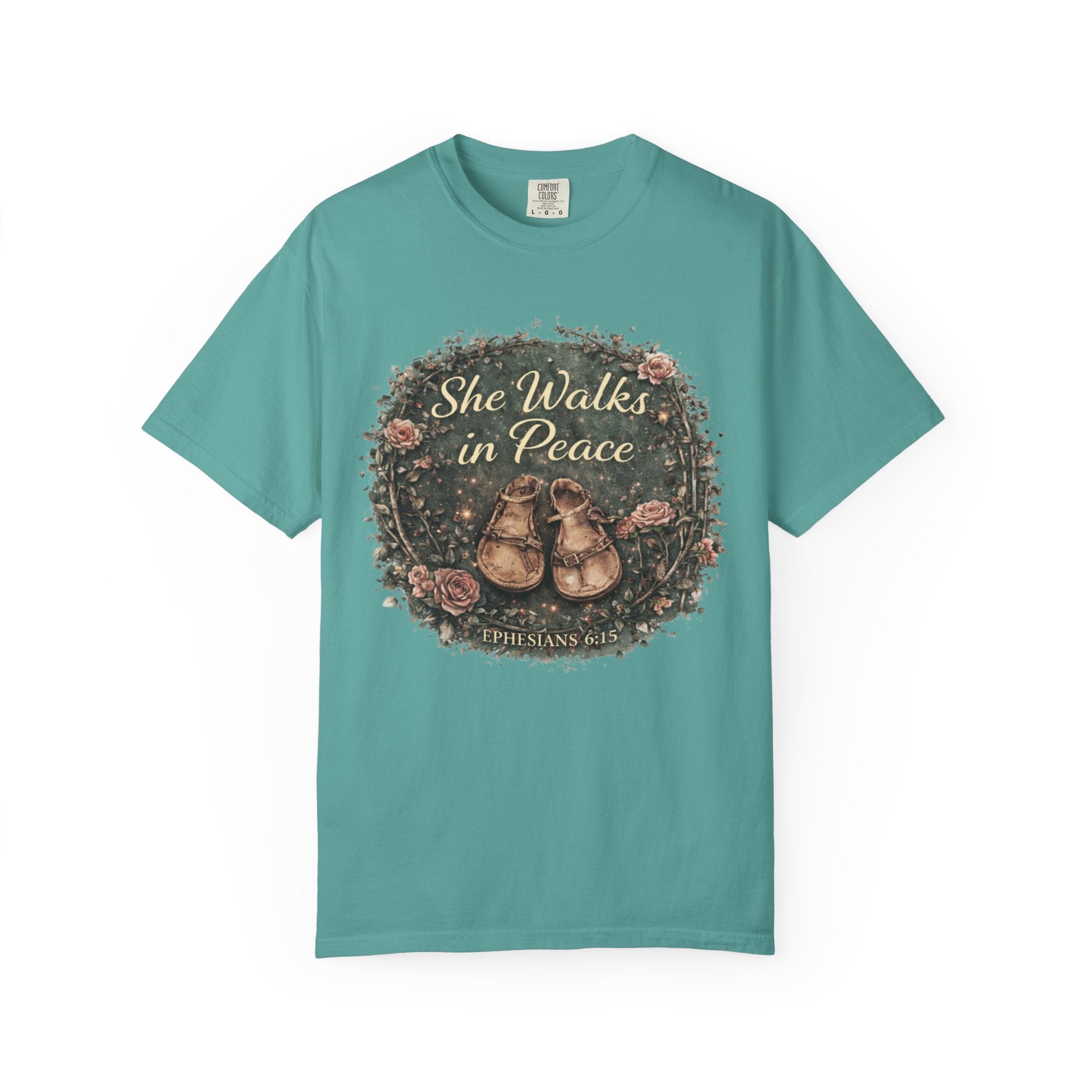 She Walks in Peace T-Shirt — Floral Baby Shoes Memorial Tee