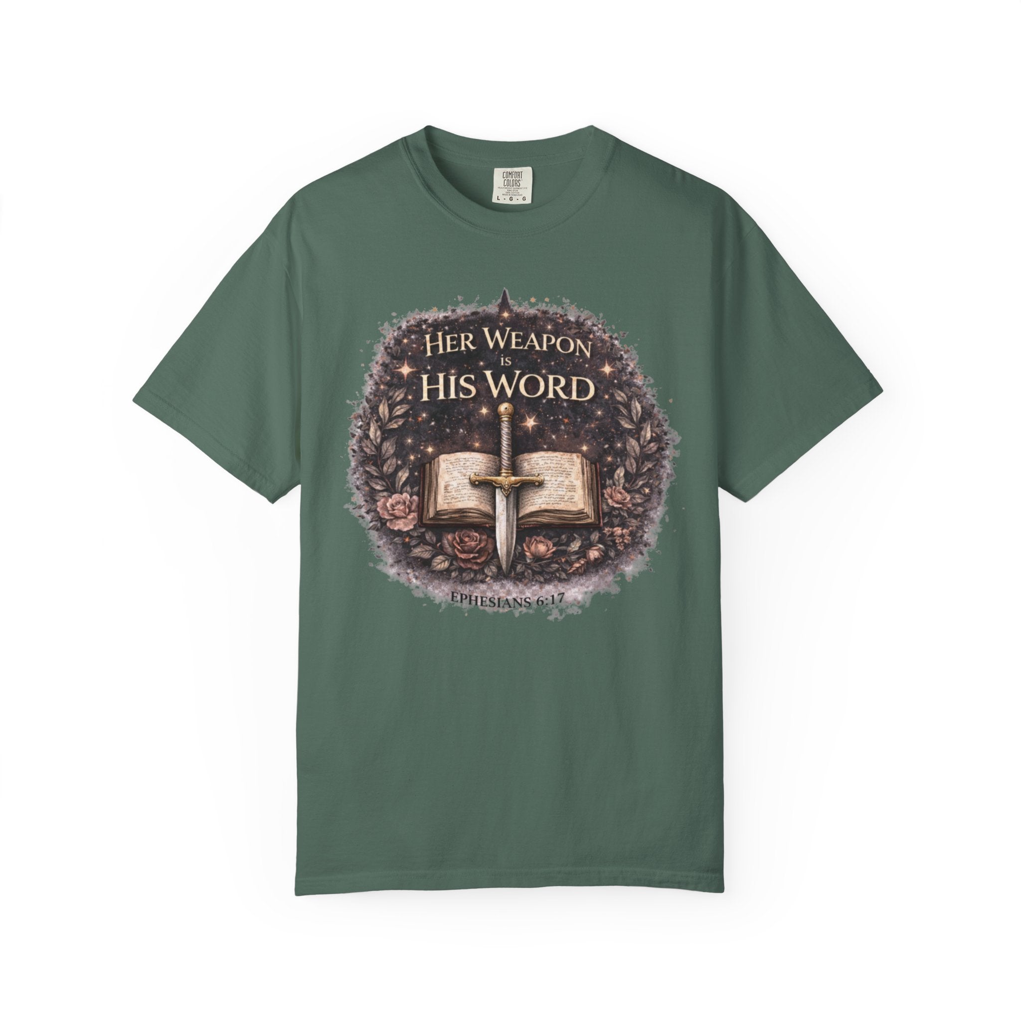 Christian Sword & Bible T-Shirt — "Her Weapon His Word" Inspirational Faith Tee