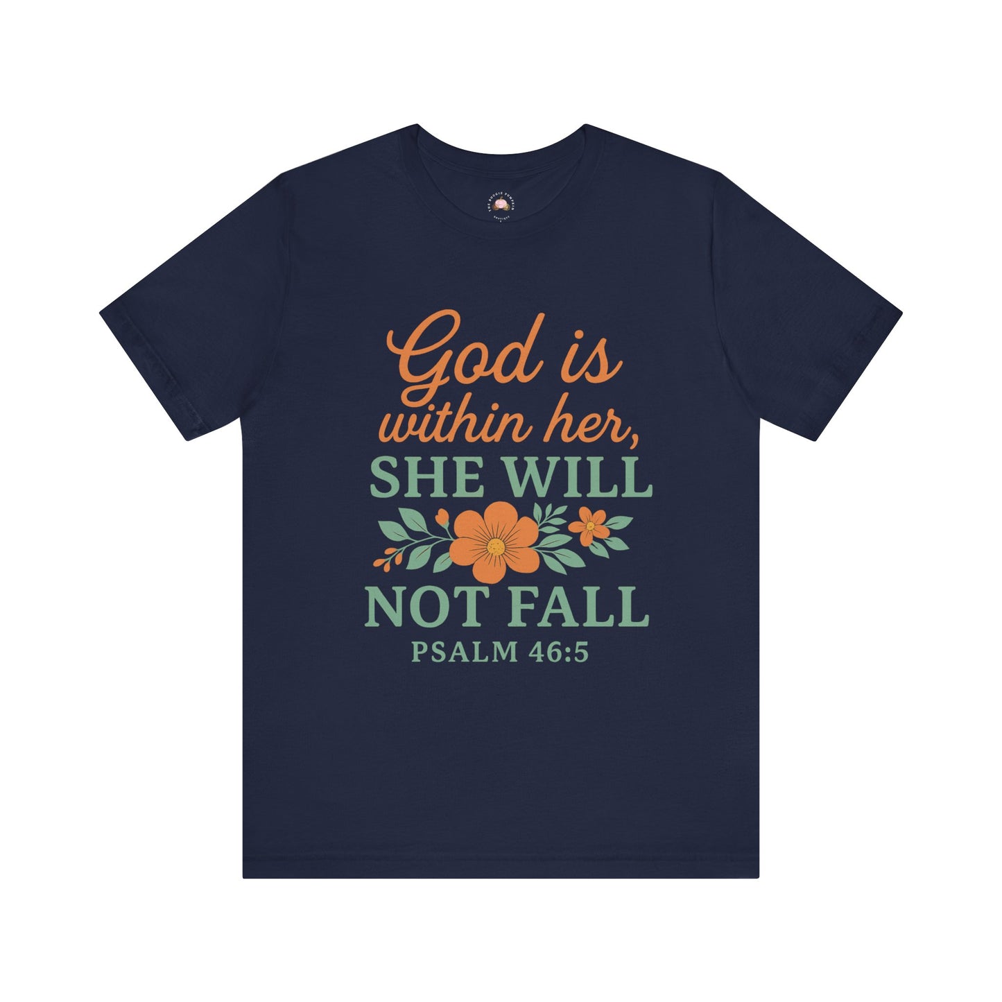 Navy blue t-shirt with motivational quote and floral design on a white background