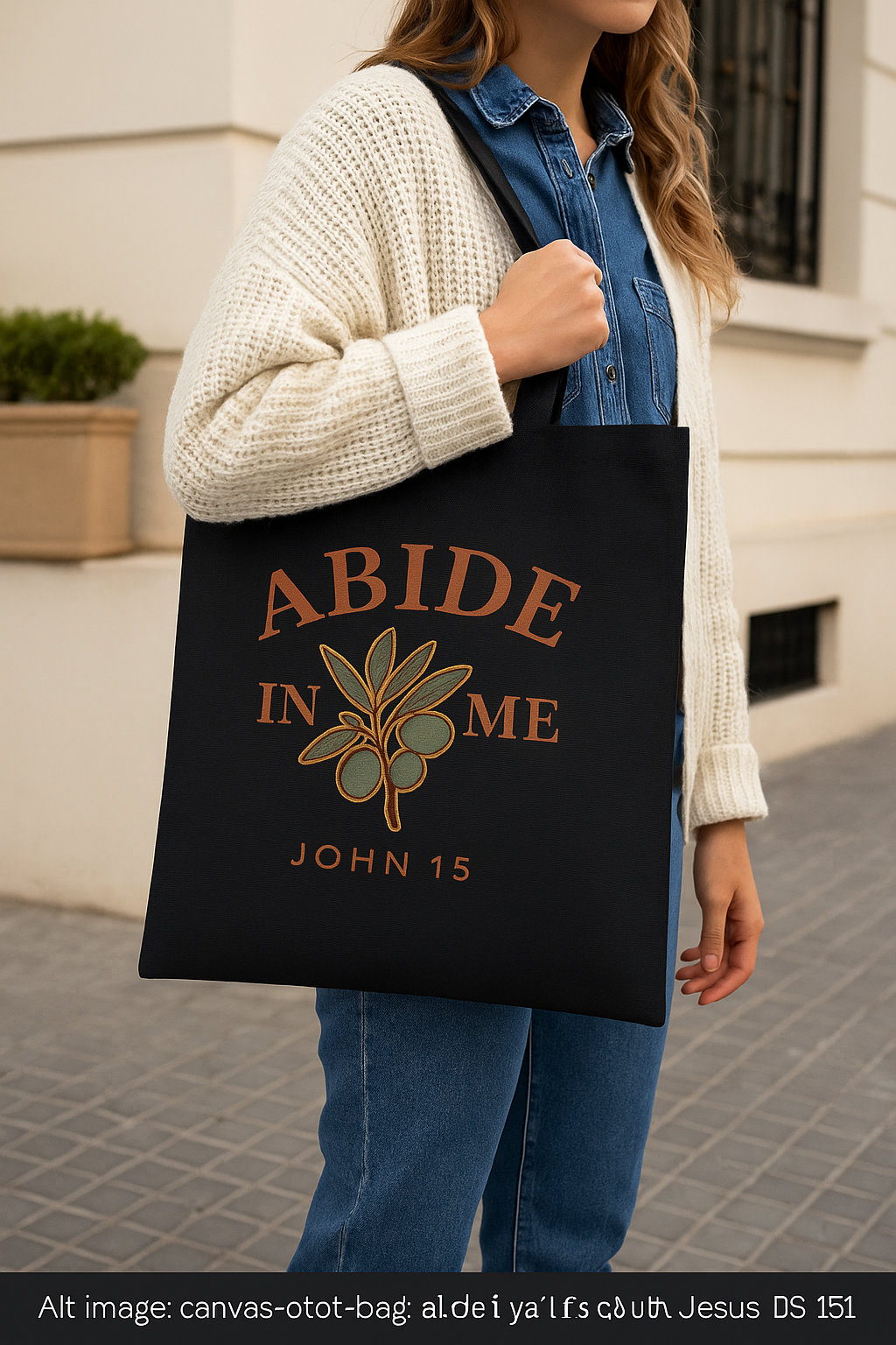Woman walking through an outdoor market carrying a black “Abide in Me – John 15” Christian tote bag with an olive branch design. She holds flowers and a coffee while dressed in a cream sweater and jeans. The setting has soft golden light, cobblestone path, and warm Southern faith-inspired style from The Bougie Pumpkin Boutique.