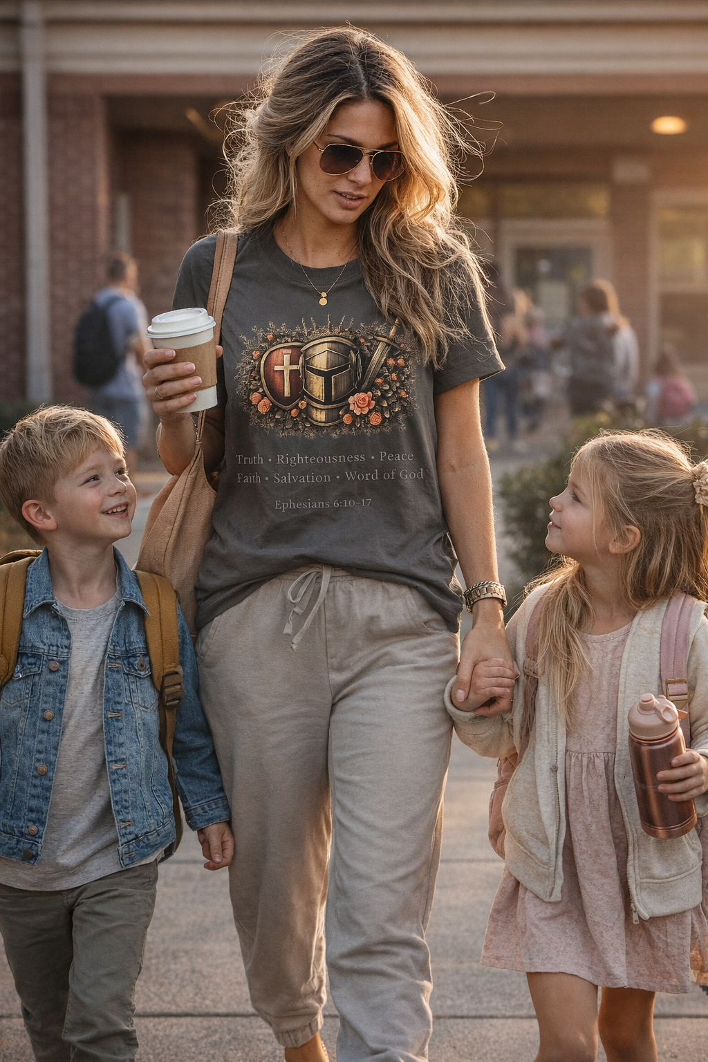 Woman walking with two children outdoors, holding a coffee cup.
