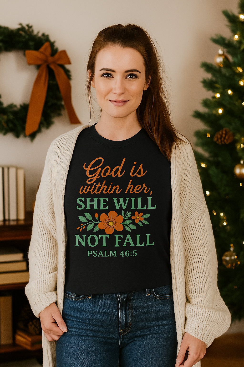 Woman wearing a black t-shirt with a motivational quote in a festive indoor setting.