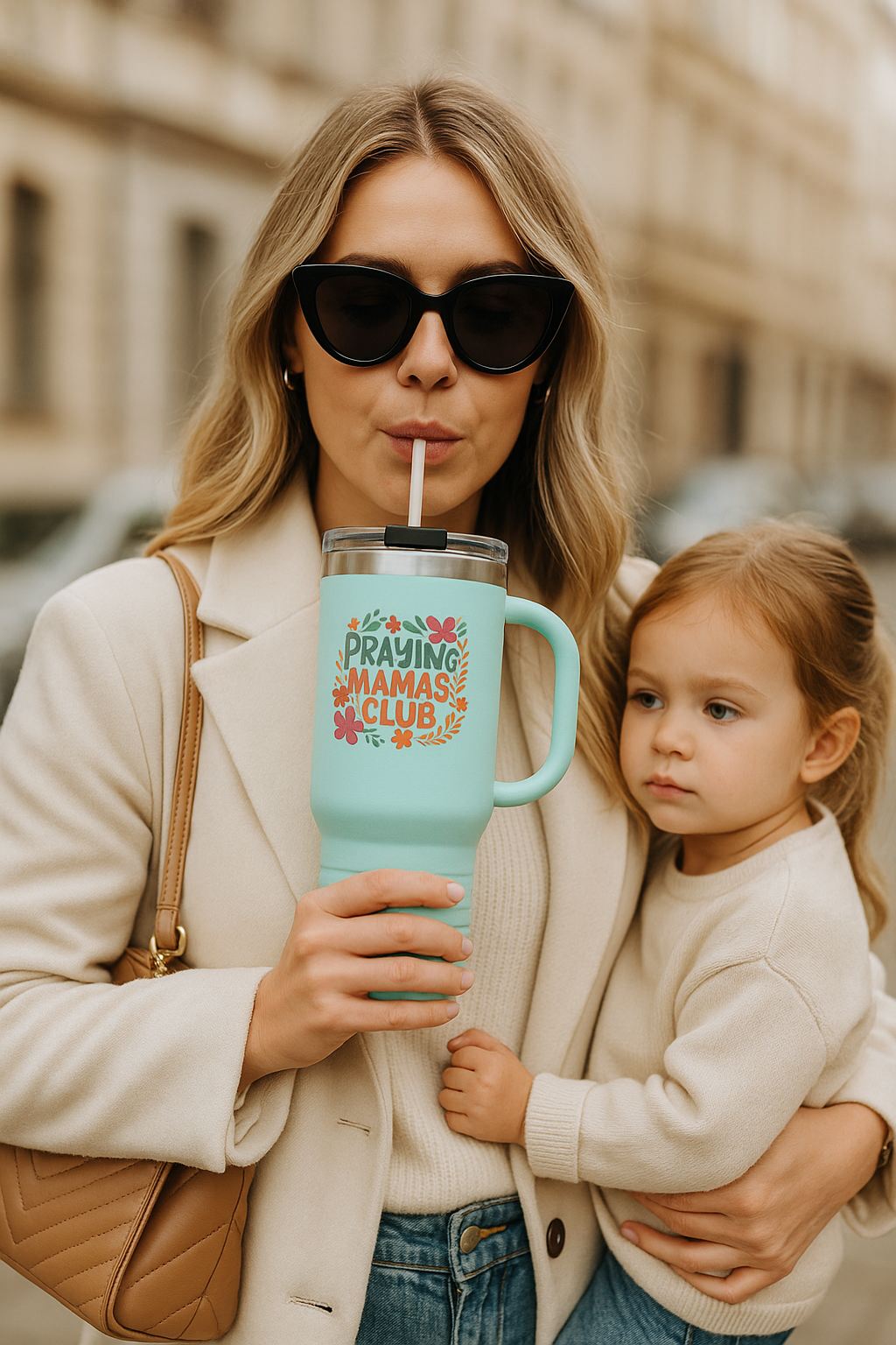 Woman drinking from a tumbler with a child on a city street