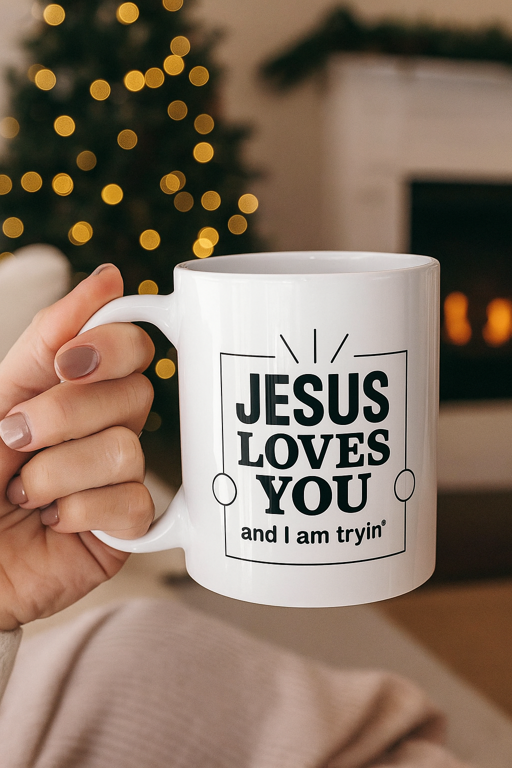 White ceramic mug with the phrase “Jesus Loves You and I’m Tryin’” printed in bold black lettering, displayed on a cozy farmhouse kitchen counter with coffee, a Bible, and cinnamon rolls nearby. Soft natural lighting and warm Southern Christian aesthetic from The Bougie Pumpkin Boutique.