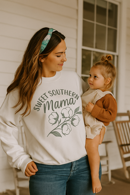 White “Sweet Southern Mama” sweatshirt featuring a soft green cotton branch design. Displayed on a clean background, representing cozy Southern-chic faith apparel from The Bougie Pumpkin Boutique.
