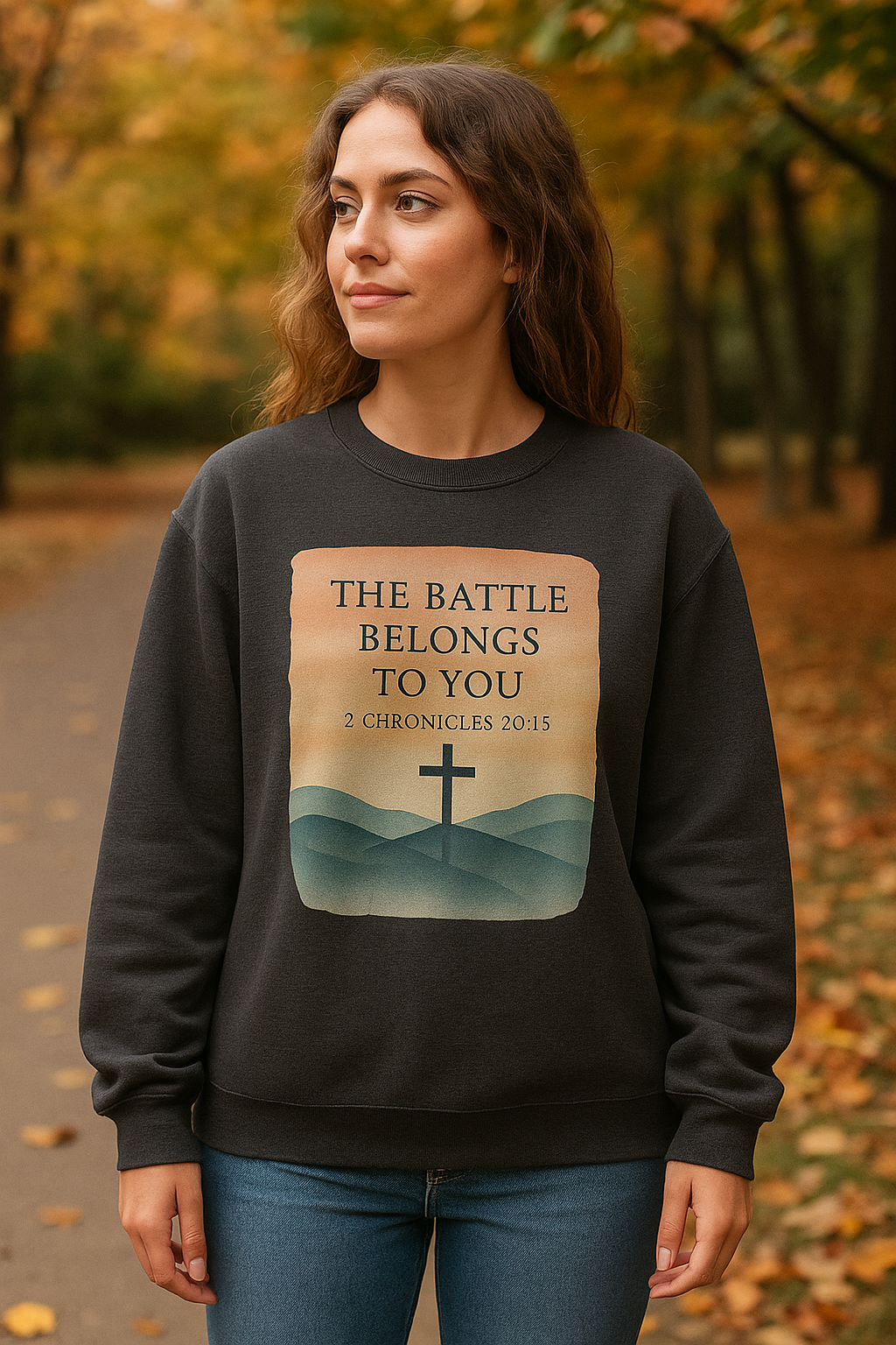 Woman wearing a dark gray “The Battle Belongs to You – 2 Chronicles 20:15” Christian sweatshirt with a mountain and cross design. She stands outdoors holding a coffee mug and Bible, surrounded by warm fall colors and soft natural light. Faith-inspired Southern lifestyle aesthetic from The Bougie Pumpkin Boutique.