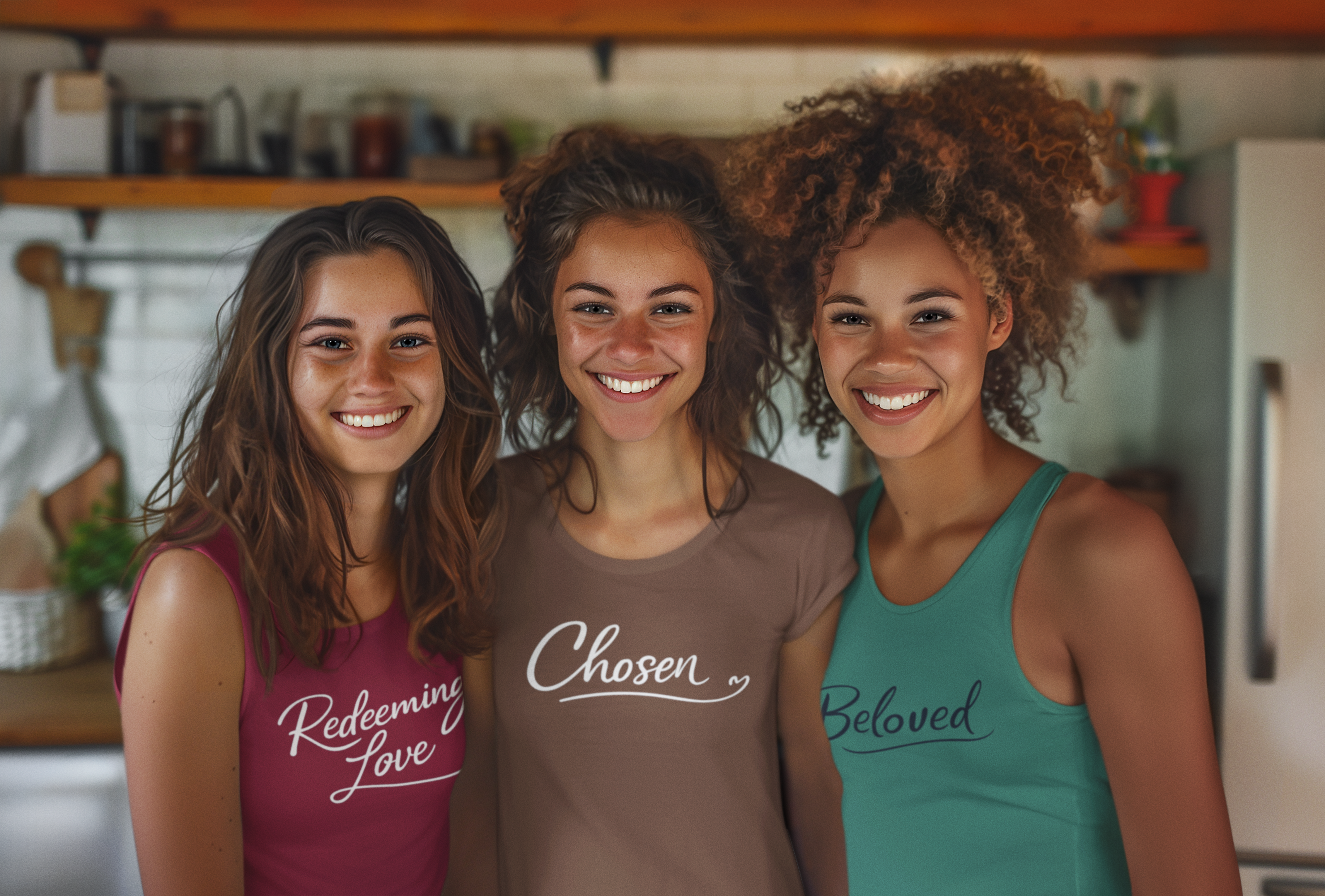 Three women wearing tank tops with motivational phrases in a kitchen setting